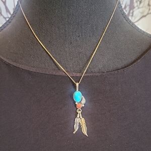 Turquoise and Coral Feather Pendant Necklace
